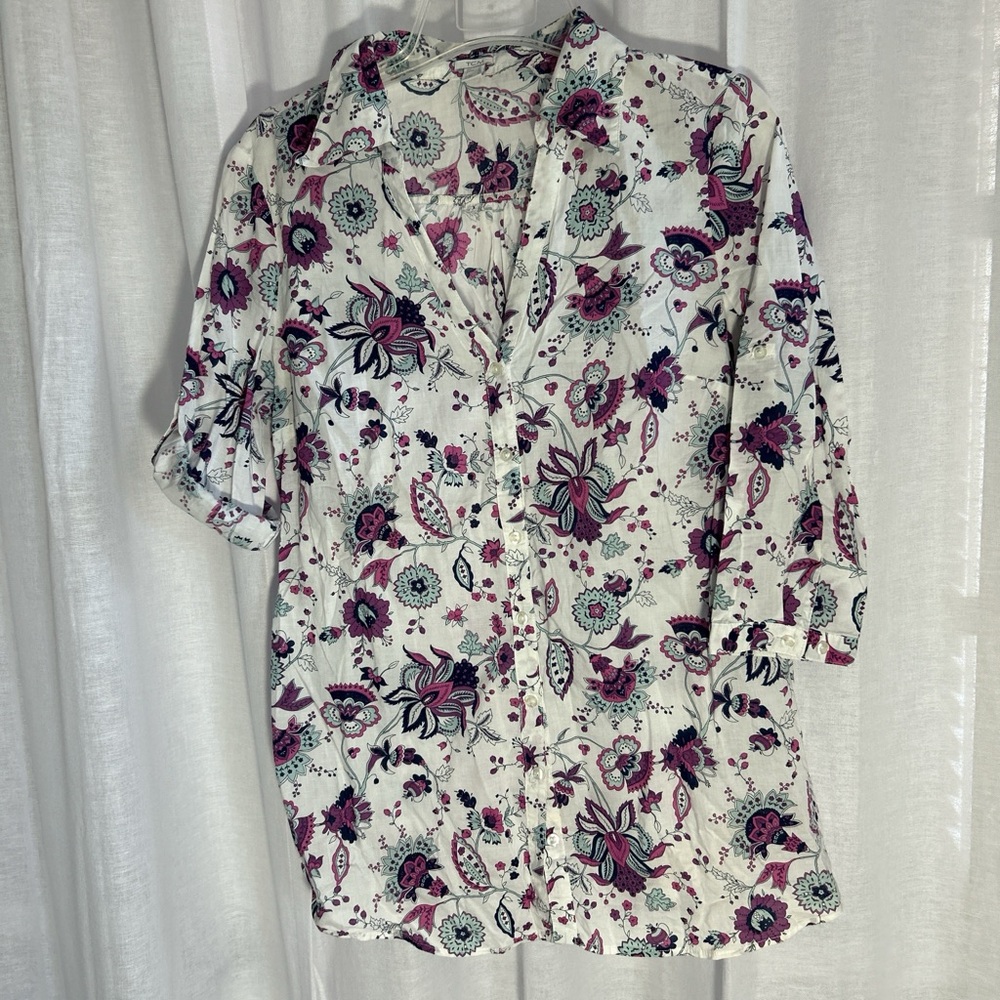 TC White Button-Down Blouse with Pink & Teal Floral Print
